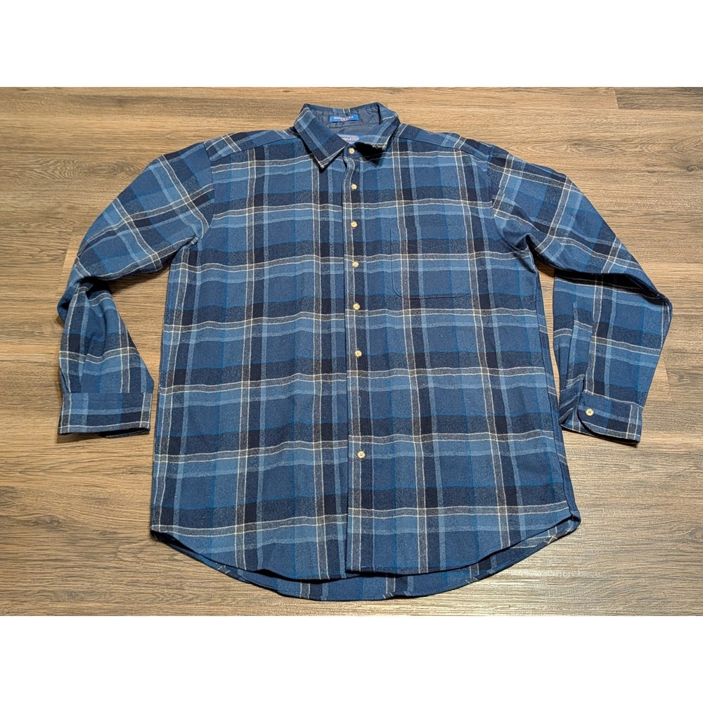 Pendleton Mens Blue Plaid Virgin Wool Flannel Shirt Size Large Long Made in USA